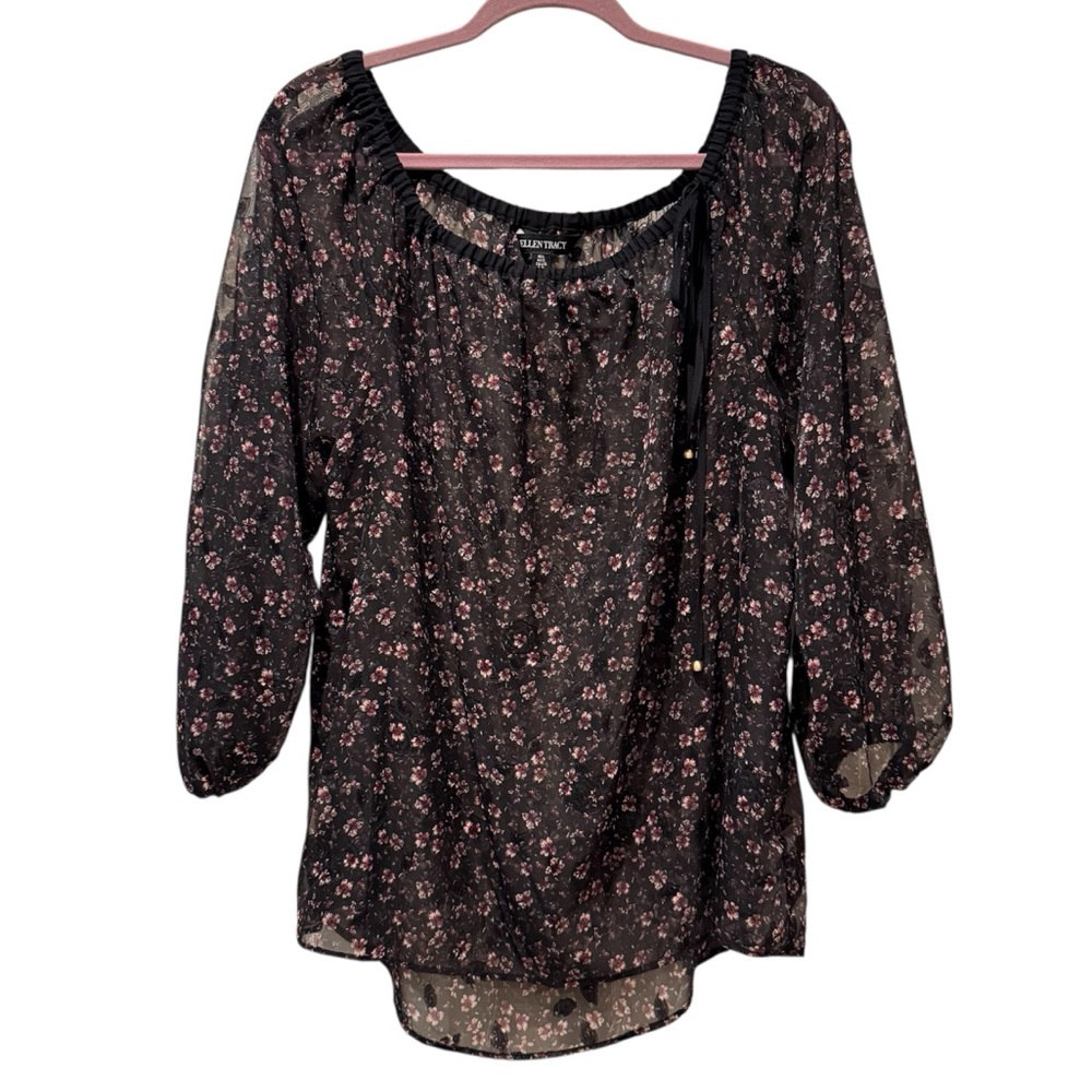 Ellen Tracy Sheet Floral Long Sleeve Blouse‎ Black Size Large
